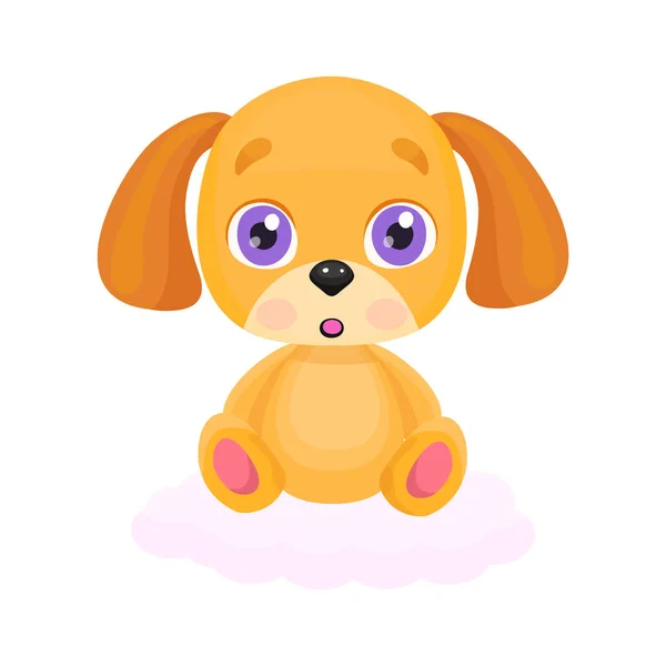 Mignon petit chien rouge assis sur un doux nuage rose. Jouet de lapin dessin animé, surprenant et adorable . — Image vectorielle