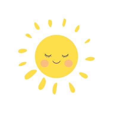 Sevimli uyku ve küçük güneş karakteri pembe yanaklar ve komik kirpikleri ile gülümseyen. Basit 