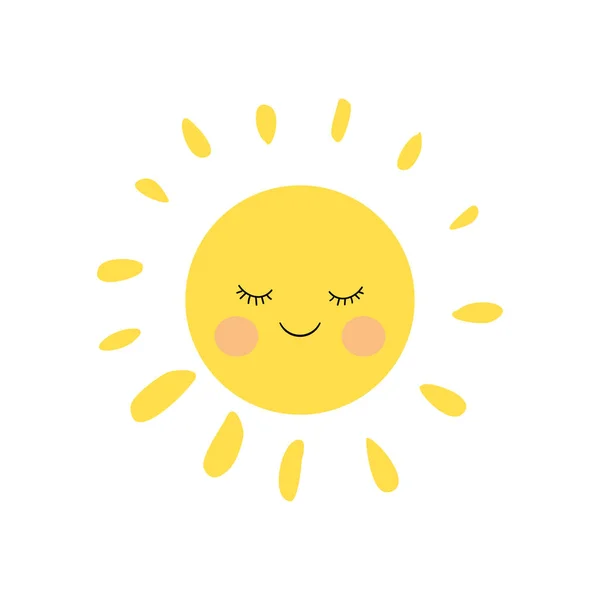 Cute sleeping and smiling little sun character with pink cheeks and funny lashes. Simple — Stock Vector