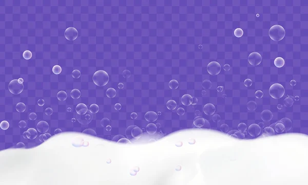 Espuma de baño con burbujas de jabón aisladas sobre fondo transparente. Concepto de limpieza . — Archivo Imágenes Vectoriales