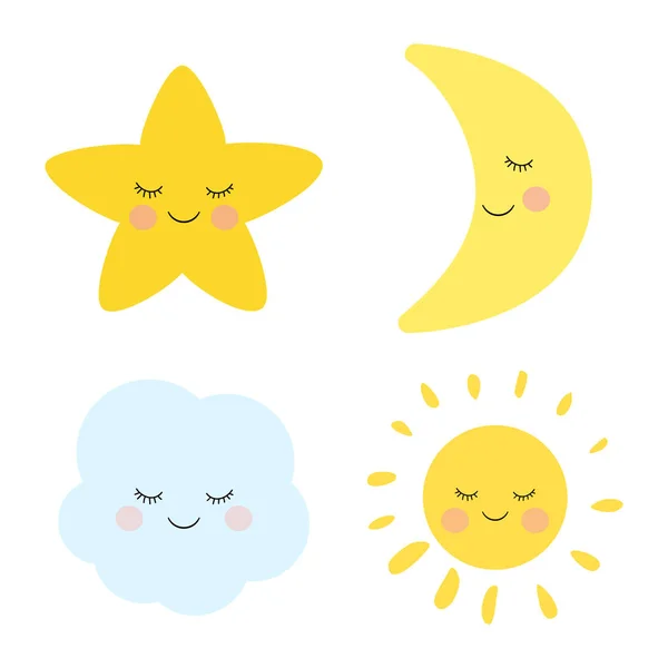 Sevimli uyku ve küçük yıldız, ay, bulut ve güneş gülümsüyor. Çok güzel çocukça sanat. — Stok Vektör