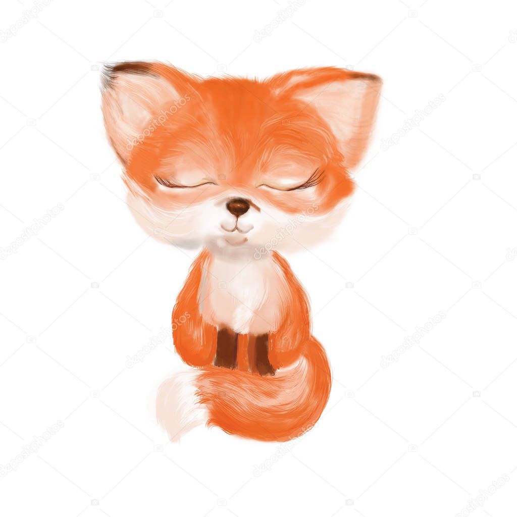 Cute sleeping red fluffy fox isolated on white background. 