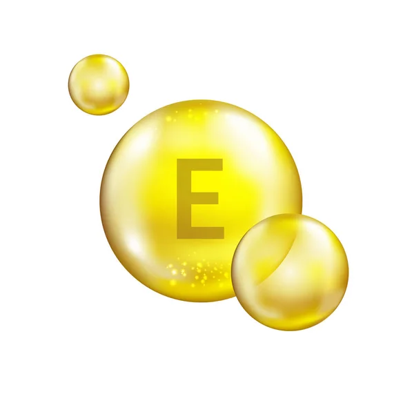 Icono premium de vitamina E. Concepto complejo de cuidado cosmético de la piel. Cápsula brillante brillante. Cápsula de aceite de oro . — Vector de stock