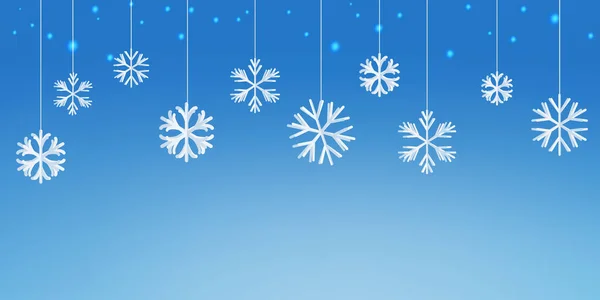 Weiße Papierschneeflocken mit den blau leuchtenden Sternenlichtern. Schöne weihnachtliche Kulisse. — Stockvektor