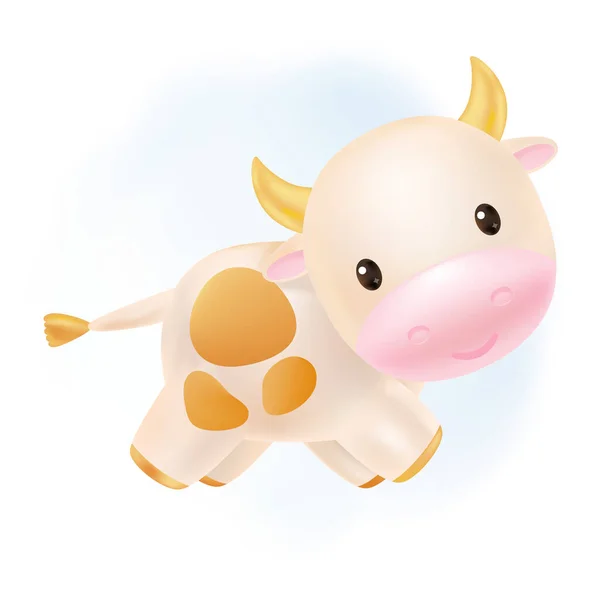 Leuke koe, rennend en lachend. Kleine stier springt op zachte pastelwolk. 2021 Chinees symbool. Cartoon zoete stijl. Vectorillustratie — Stockvector