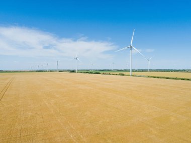 Tarımsal alanlarda elektrik üretimi için çalışan bir grup yel değirmeni. Hava görünümü.