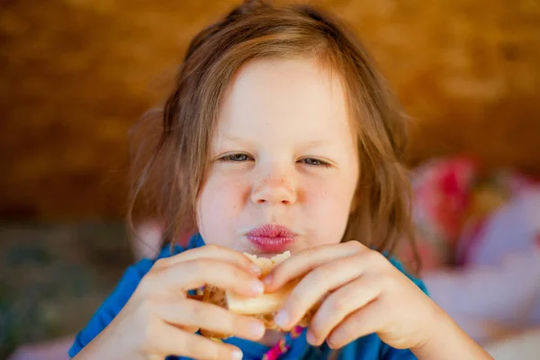 Little Girl Eats Cheese Sandwich — Stock Photo, Image