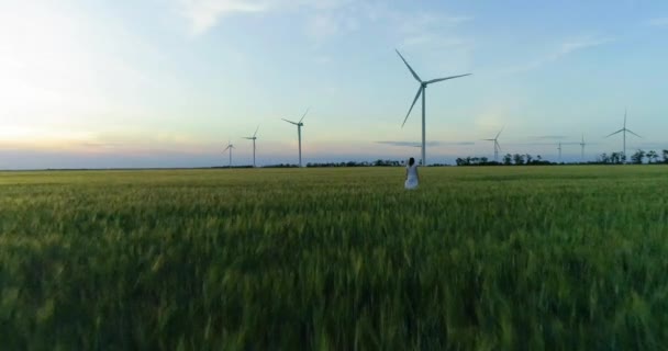 電力生産のための風車と緑の麦畑の上を歩いて美しい少女 — ストック動画
