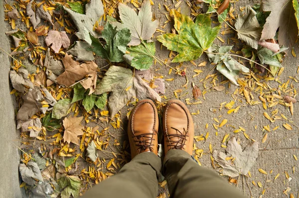 Pieds Dans Les Chaussures Sur Trottoir Automne — Photo