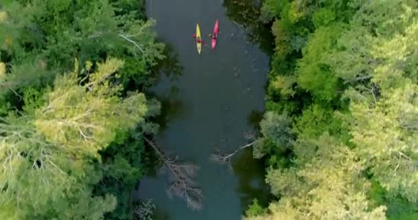 Two Kayaks Sailing Scenic River Aerial View — Stock Video