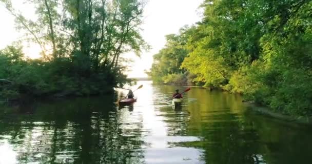 Δύο Καγιάκ Τους Ανθρώπους Στις Γραφικές Όχθες Του Ποταμού — Αρχείο Βίντεο