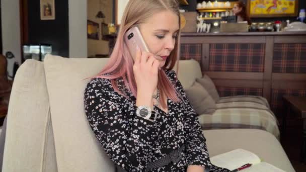 Beautiful Blonde Girl Talking Typing Message Phone — Stock Video