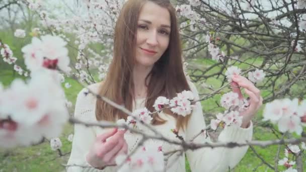 Frumoasă Fată Lângă Copac Înflorit Primăvară — Videoclip de stoc