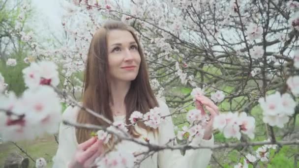 Gyönyörű Lány Közelében Virágzó Tavasszal — Stock videók
