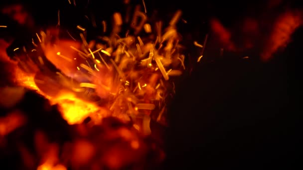 铁扑克搅动燃烧的火的热煤特写 — 图库视频影像