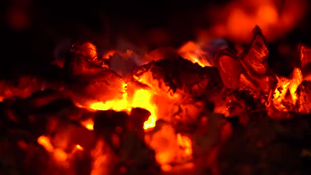 熱い石炭で燃える火をクローズアップ — ストック動画