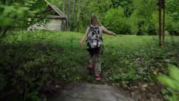 陽気な十代の女の子は春の森の芝生に沿って実行されます — ストック動画