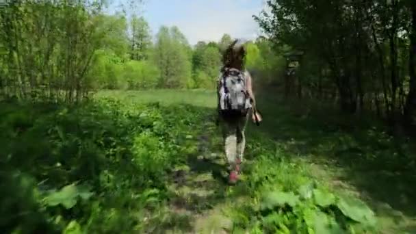 Vrolijke Tiener Meisje Loopt Langs Lente Bos Gazon — Stockvideo