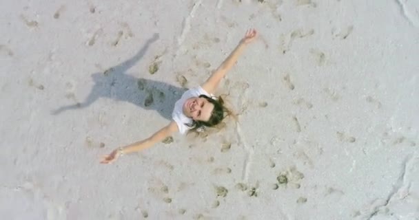 Beautiful Happy Young Girl Spinning Dry Salt Lake — Stock Video