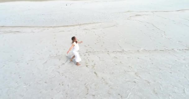 Happy Young Girl Dancing Dry Salt Lake — Stock Video