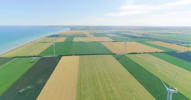 Группа Ветряных Мельниц Производства Электроэнергии Сельскохозяйственных Полях Вид Воздуха — стоковое видео
