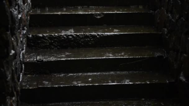 Niño Camina Por Las Escaleras Hormigón Fuerte Lluvia — Vídeo de stock