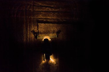 Geceleyin buğday mahsulü üzerinde çalışan hasatçıyı birleştirin. Hava görünümü.