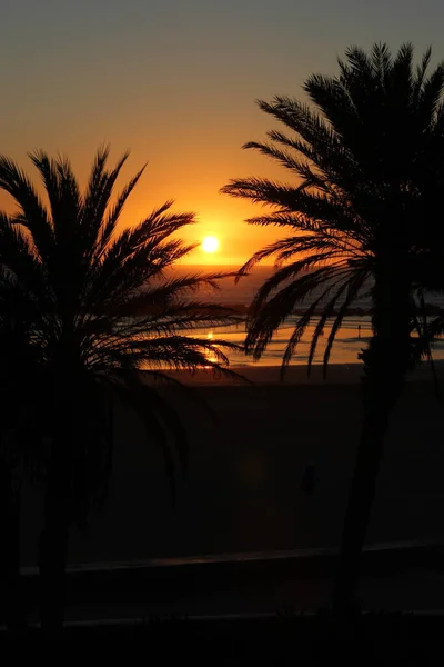 Belo Pôr Sol Praia Agadir Cidade Marrocos Céu Oceano — Fotografia de Stock