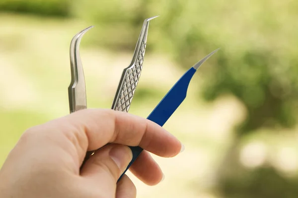 Tweezers Hand Multicolored Lashes Eyelash Extension Equipment — Stock Photo, Image