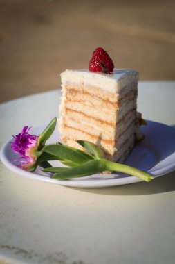 Beyaz kremalı Rus ballı keki. Fotoğraf sokakta çekilmiş.