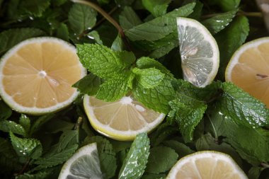 Suda dilimlenmiş limon ve nane filizi. Yakın plan. Yüksek kalite fotoğraf