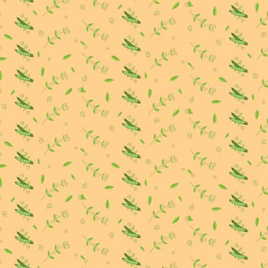  Bej arkaplanda yeşil bezelyeler ve dallarla bahar deseni