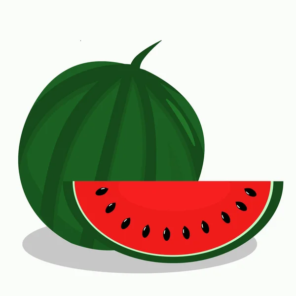 Flache Darstellung Einer Ganzen Wassermelone Und Einer Scheibe Auf Weißem — Stockvektor