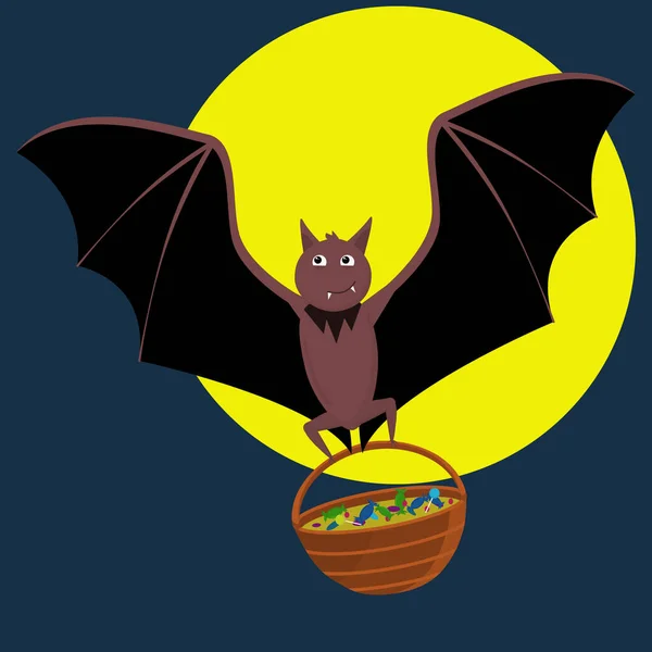 图上是一只以万圣节为主题的蝙蝠 在月亮的背景下 爪子上夹着一篮糖果 — 图库矢量图片