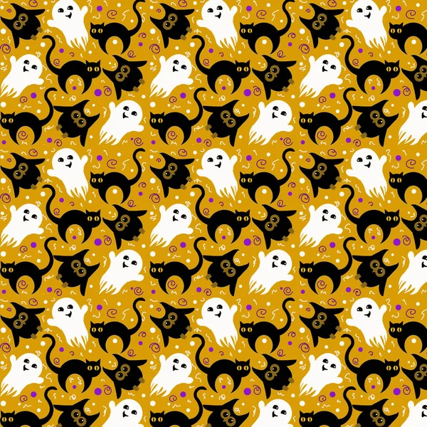 Patrón Temático Halloween Con Búho Gato Fantasma Sobre Fondo Naranja — Archivo Imágenes Vectoriales