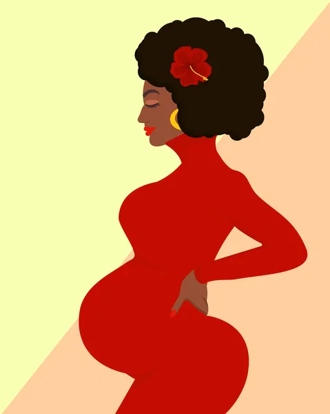 Enceinte Jeune Femme Noire Dans Une Robe Rouge Une Fleur — Image vectorielle