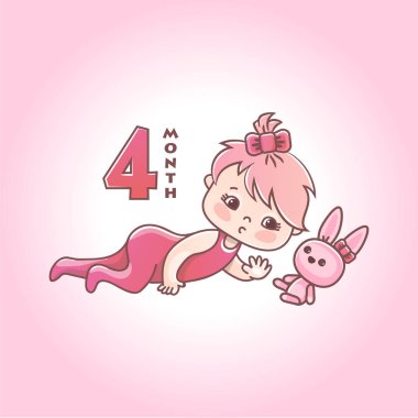 Pembe yay ve oyuncak tavşan ile küçük kız bebek. Yaşamın ilk yılında çocuk gelişimi aşamaları. Dört aylık bir kız bebek. Vektör İllüstrasyon pembe arka plan üzerinde izole