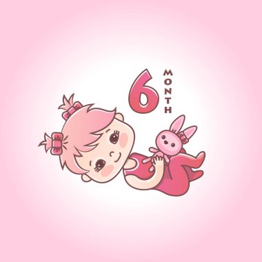 Pembe yay ve oyuncak tavşan ile küçük kız bebek. Yaşamın ilk yılında çocuk gelişimi aşamaları. Bir kız bebeğin altıncı ayı. Vektör İllüstrasyon pembe arka plan üzerinde izole