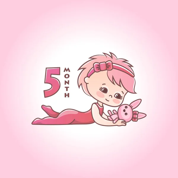 핑크 활과 장난감 토끼와 어린 아기 소녀입니다. 삶의 첫 해에 아동 발달 단계. 아기 소녀의 다섯 번째 달. 분홍색 배경에서 격리된 벡터 일러스트레이션 — 스톡 벡터