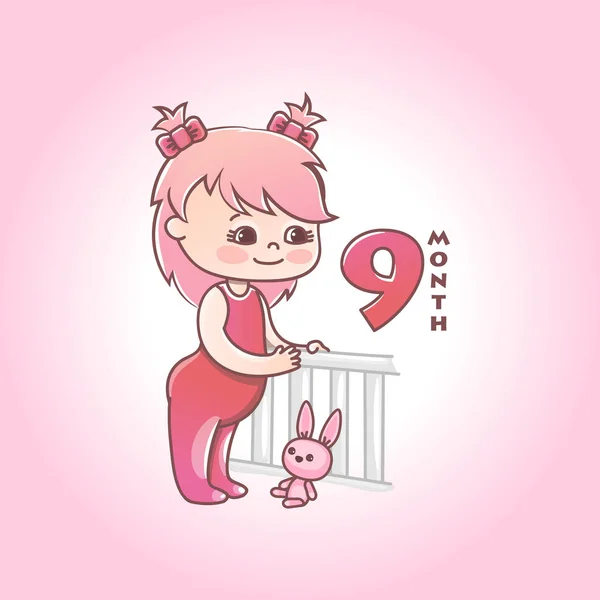 핑크 활과 장난감 토끼와 어린 아기 소녀입니다. 삶의 첫 해에 아동 발달 단계. 아기 소녀의 아홉 번째 달. 분홍색 배경에서 격리된 벡터 일러스트레이션 — 스톡 벡터