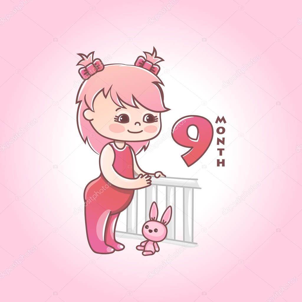 Little baby girl with pink bow and toy bunny. Stages of child development in the first year of life. The ninth month of a baby girl. Vector Illustration isolated on pink background