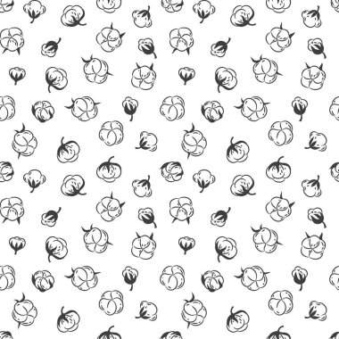 siyah beyaz arka plan üzerinde el çizilmiş pamuk bitki dikişsiz desen