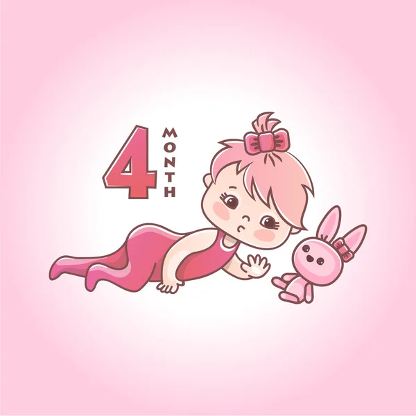 Liten baby flicka med rosa båge och leksak kanin. Barns utveckling under det första levnadsåret. De fyra månaderna av en baby flicka. Vektor illustration isolerad på rosa bakgrund — Stock vektor