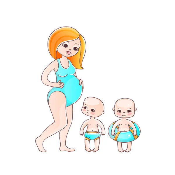 Gravida mamma och tvilling barn bada i poolen eller på stranden. Färg vektor karaktär illustration av lycklig mor med sina barn på sommarlovet — Stock vektor