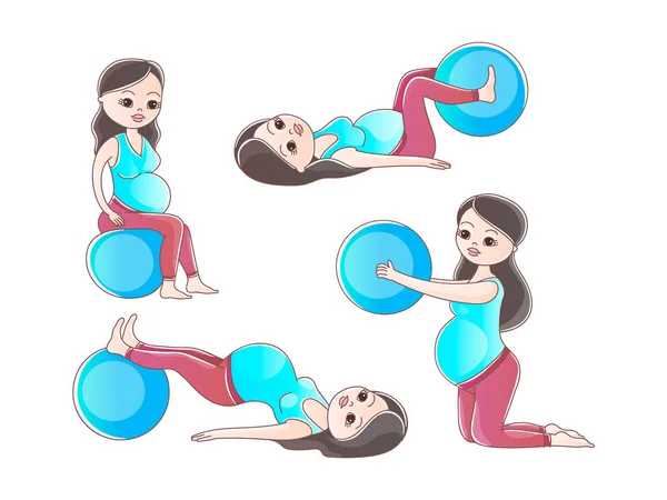 Grávida em fitball ilustração vetorial isolada. Um conjunto de imagens vetoriais de uma mulher grávida fazendo exercícios com um fitball — Vetor de Stock