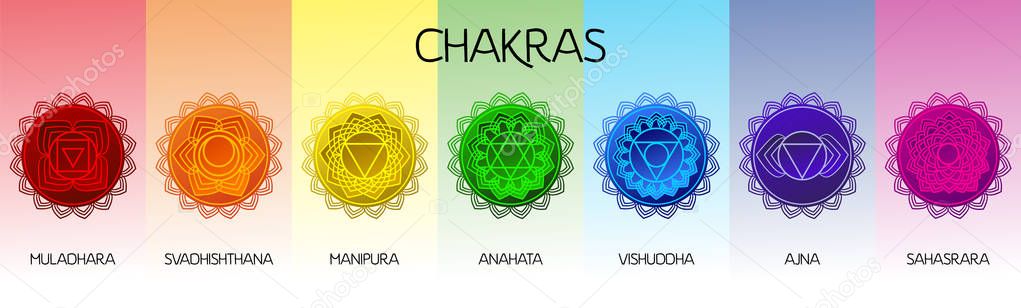 Chakras set: muladhara, swadhisthana, manipura, anahata, vishuddha, ajna, sahasrara. Vector line symbol. Om sign