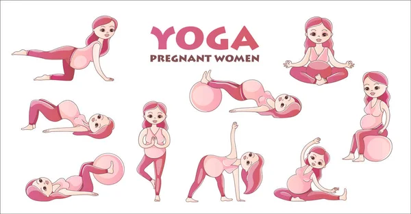Conjunto de poses de Yoga para mulheres grávidas. Exercício pré-natal. Ilustração vetorial . — Vetor de Stock
