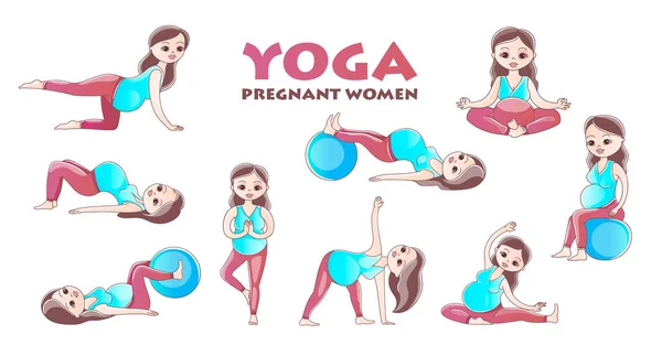 Conjunto de poses de Yoga para Mujeres Embarazadas. Ejercicio prenatal. Ilustración vectorial . — Vector de stock