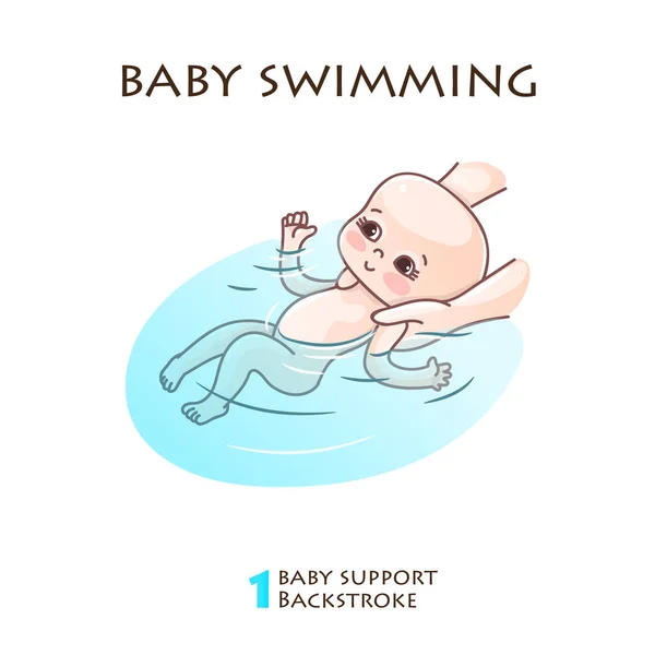 Mamma badar barnet i poolen. Infographics av korrekt stöd för barnet när du simmar. Vektor illustration av en nyfödd baby bad. Bebis simmar i poolen. — Stock vektor