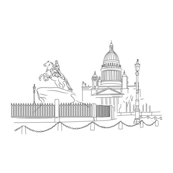San Petersburgo monumentos arquitectónicos, bocetos de viaje, dibujo de líneas. Monumento a Pedro el primero — Vector de stock